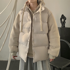 新款假两件棉服男加厚羽绒棉衣情侣款连帽拼色连帽外套M092-P75图片