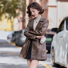 韩城.复古西装pu皮衣皮风衣中长外套女抽绳双排扣2025春盐系洋气s，女装皮衣，简古
