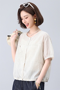 纯棉薄款衬衣中袖夏季新款韩版竖条纹短袖衬衫女清新气质减龄上衣图片