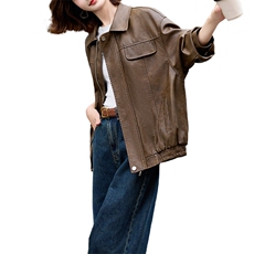 美拉德皮衣外套女早秋学院风棕色皮衣美式痞帅皮夹克2024新款高级，女装皮衣，江南女神