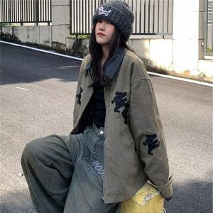 美式复古小熊刺绣夹克男女秋冬新款设计感洋气宽松中性风夹克外套图片