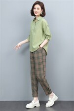 长期现货，格子衬衫女套装新款韩版春秋显瘦百搭休闲裤两件套，女装套装/套裙，涵誉