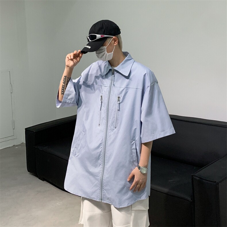 夏款男短袖衬衫工装拉链宽松五分袖短衬衣CS360P40,男装衬衫,星座1013-1