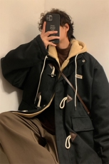 EQ160冬季呢大衣男假两件牛角扣撞色毛呢外套小众设计感棉衣P148，男装毛呢大衣，电商C306-1