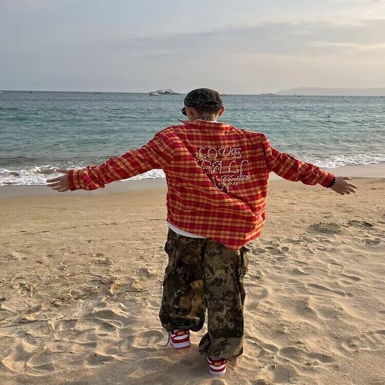 红色格子长袖衬衫外套衬衣女2025新款春秋季法式上衣开春小众穿搭，男装衬衫，星座218-8