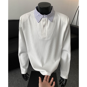 秋季宽松衬衫领假两件体恤潮长袖打底衫XZ808B-WH082-P30图片
