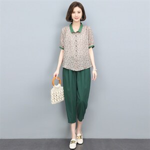 高端苎麻碎花套装纯亚麻上衣女装2025年新款夏季妈妈装棉麻两件套图片