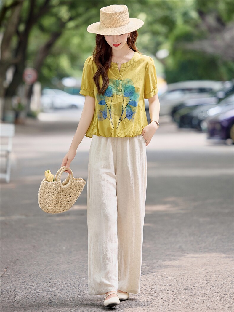 文艺气质休闲减龄套装女2025夏新款时尚印花短袖衬衫阔腿裤两件套,女装套装/套裙,依万里