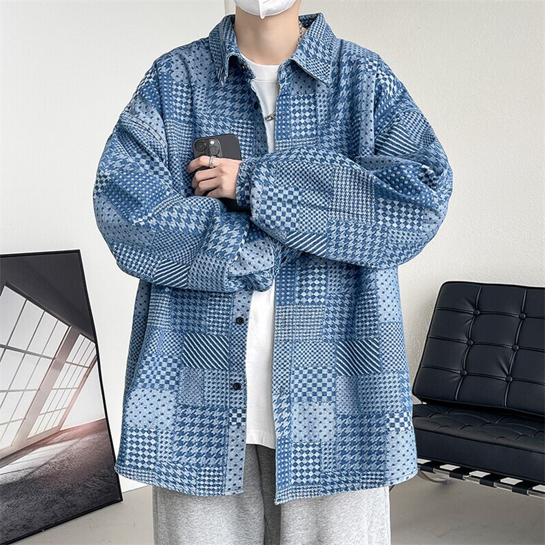 2025春新翻领牛仔衬衫男港风美式大码高街千鸟格夹克外套J529-P65,男装夹克,电商A001-1