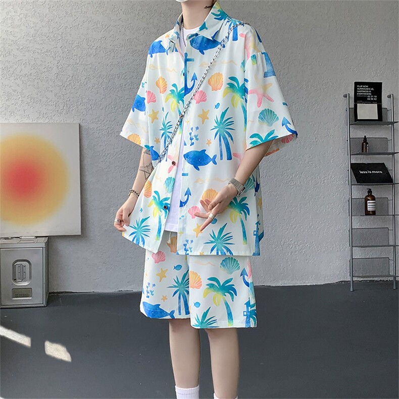 TZ1149-特48控88多色海滩冰丝凉感大码套装衬衫速干运动两件套，男装休闲套装，电商A059