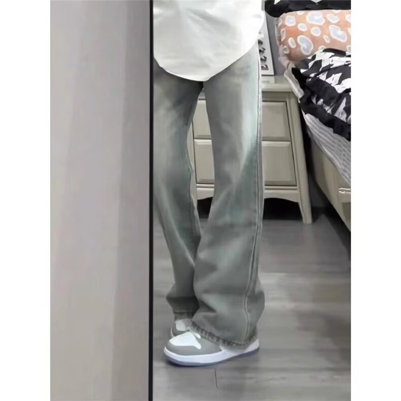 美式复古高街微喇牛仔裤男宽松高腰垂感阔腿裤烟灰水洗L7055-p40,男装牛仔裤,星座1008