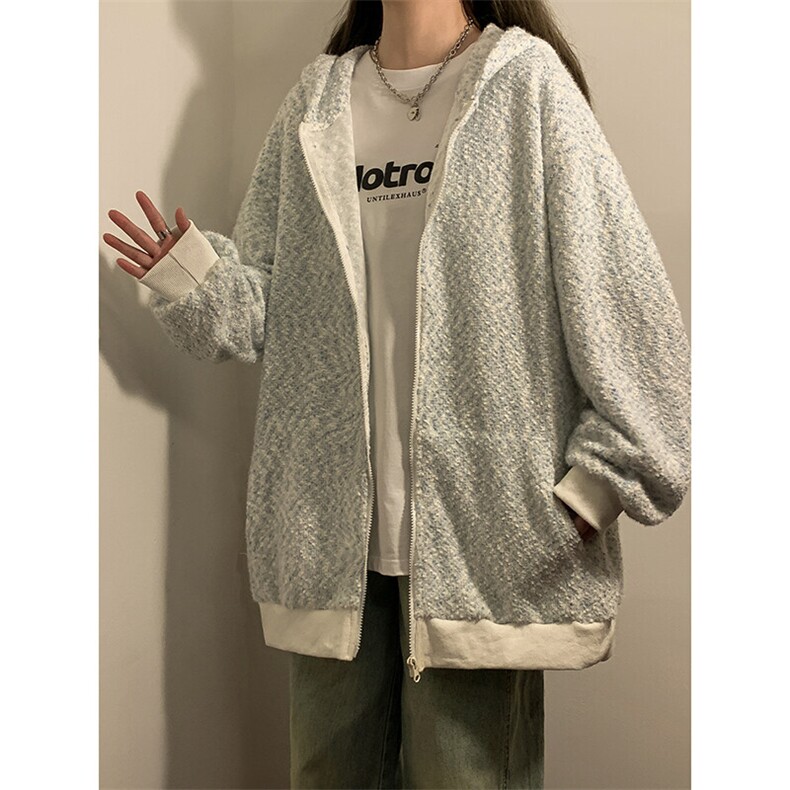 韩系随性自在宽松外套彩点潮流设计新款连帽开衫卫衣HY629P75，女装短外套，电商A102B