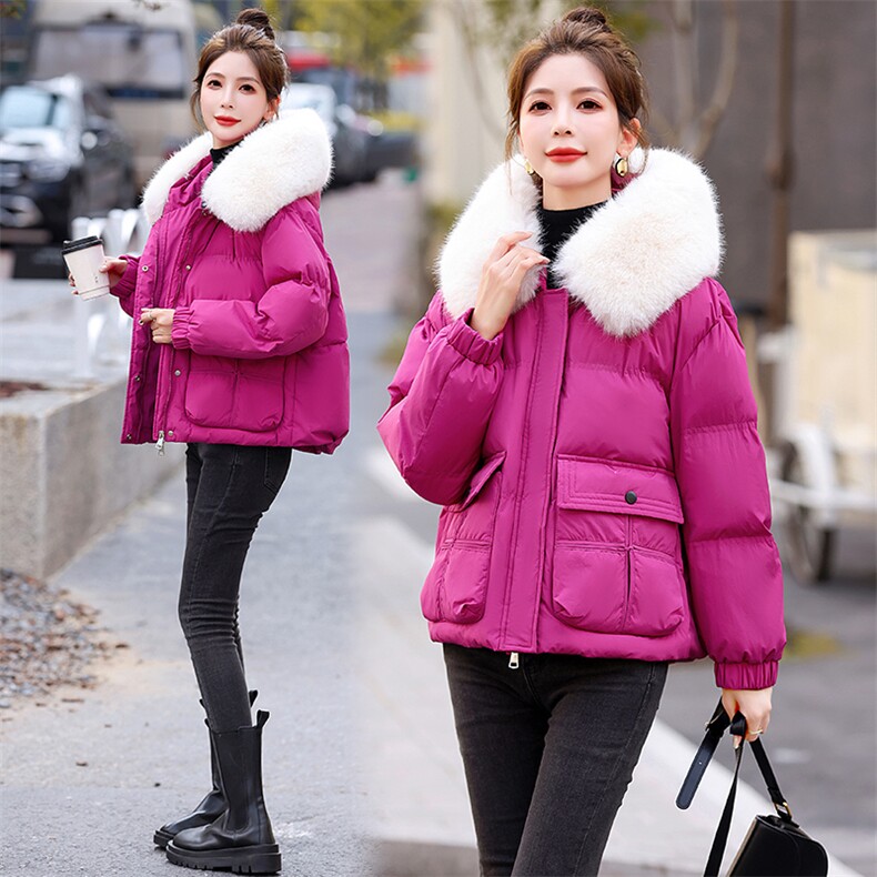 现货2023年棉衣短款加厚宽松流行纯色气质大毛领时尚潮棉衣，女装棉衣/棉服，伊仟回