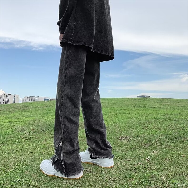 黑灰色毛边牛仔裤男vibe裤子高街美式复古拉链微喇裤GN2803-P45,男装牛仔裤,星座1001-1