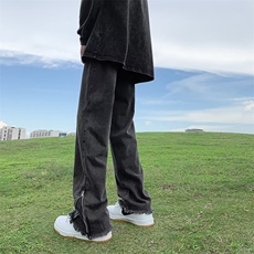 黑灰色毛边牛仔裤男vibe裤子高街美式复古拉链微喇裤GN2803-P45，男装牛仔裤，星座1001-1
