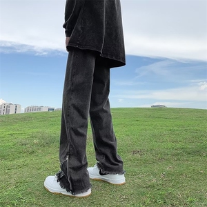 黑灰色毛边牛仔裤男vibe裤子高街美式复古拉链微喇裤 GN2803-P45图片