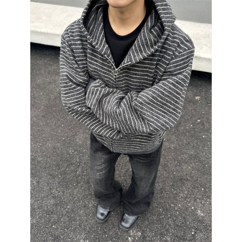 新美式复古条纹拉链开衫连帽卫衣男百搭情侣外套513AKS2408P57,女装短外套,星座513A