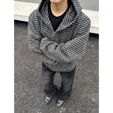新美式复古条纹拉链开衫连帽卫衣男百搭情侣外套513AKS2408P57，女装短外套，星座513A