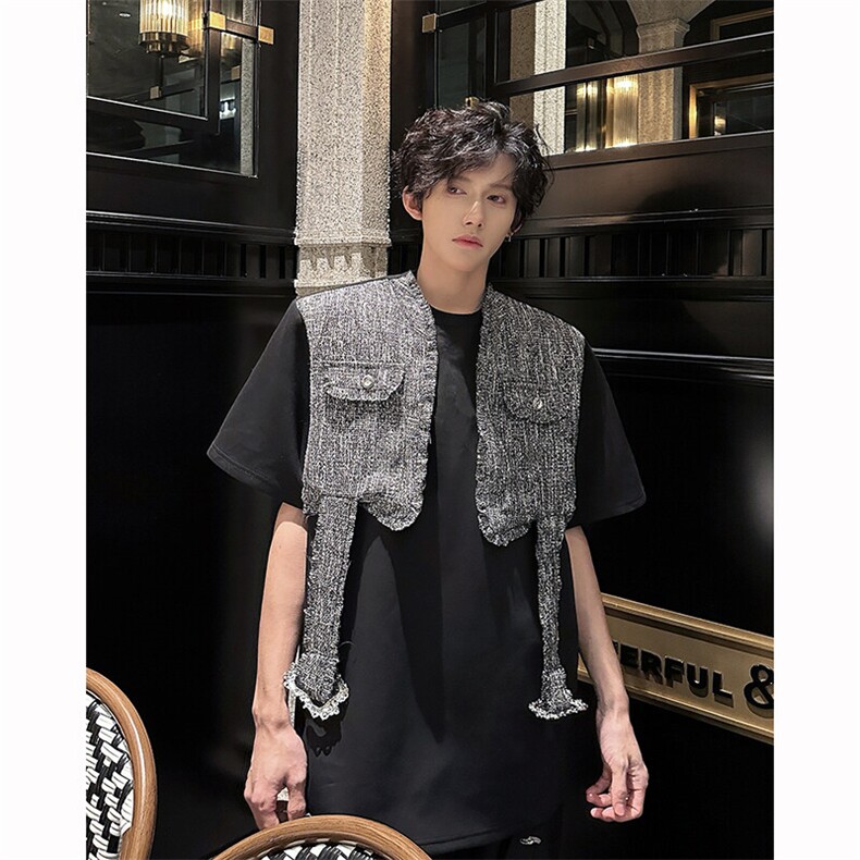 现货！25春夏男士垫肩小香风格纹拼接短袖T恤DX173-P78,男装T恤,电商B288