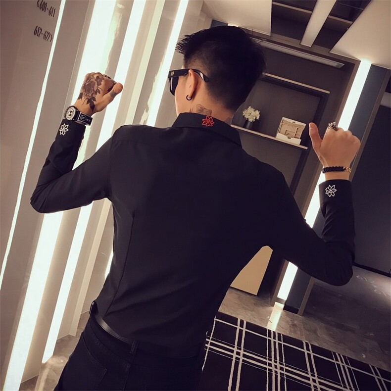 痞帅小伙手臂刺绣修身显瘦长袖衬衫男CS39C/P50控78特,男装衬衫,电商A243
