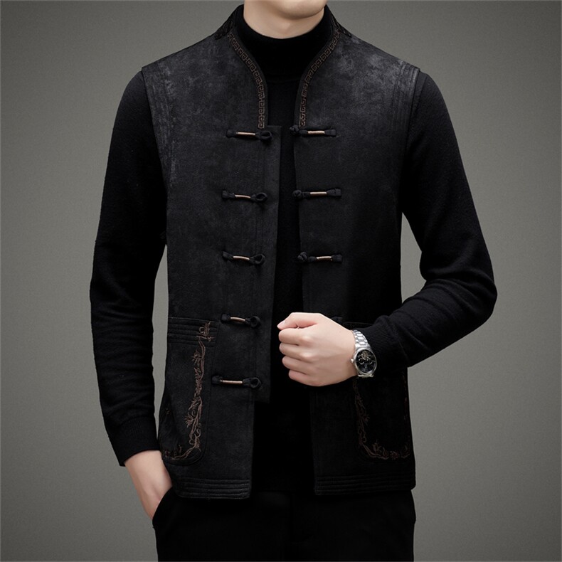 时尚加绒中年风唐装棉服中老年盘扣棉袄男士外套复古马甲图片