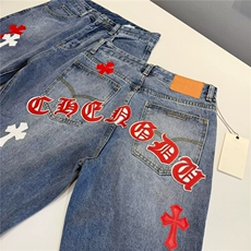 美式高街小众重工十字架贴布刺绣牛仔裤男装新款宽松阔腿长裤子，男装牛仔裤，星座410-7