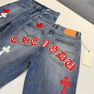 美式高街小众重工十字架贴布刺绣牛仔裤男装新款宽松阔腿长裤子图片