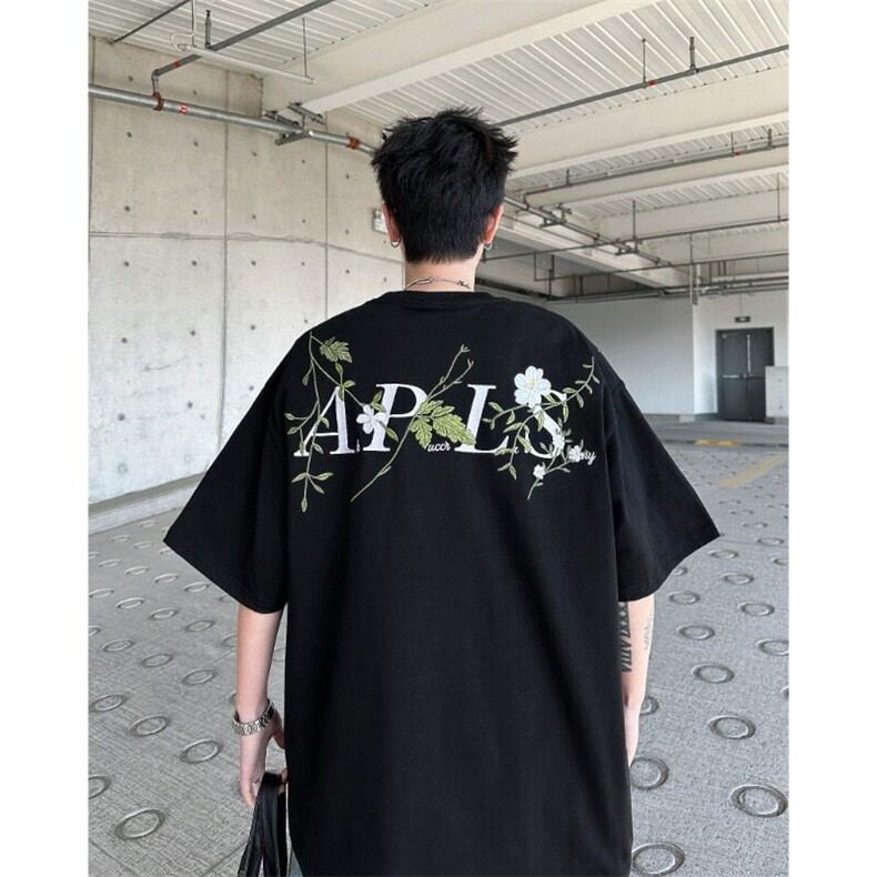 新款t恤男纯棉花卉刺绣ins潮牌重磅上衣男女款百搭宽松半短袖,男装T恤,星座601-1