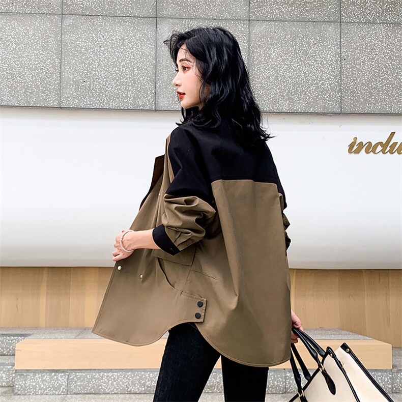 【现货】撞色风衣女中长款春秋韩版宽松气质流行小个子工装外套，女装风衣，鑫源服饰
