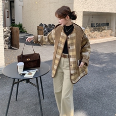 两面穿格纹连帽毛呢外套女2025秋冬新款小个子宽松减龄呢子大衣潮，女装短外套，2C095