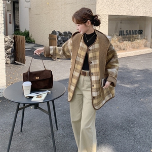 两面穿格纹连帽毛呢外套女2025秋冬新款小个子宽松减龄呢子大衣潮图片