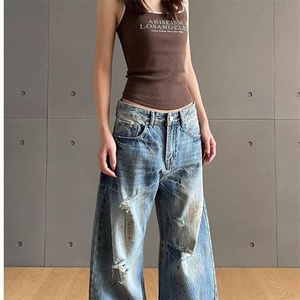 美式复古街头做旧破洞弯刀牛仔裤女潮直筒微喇cleanfit拖地裤子图片