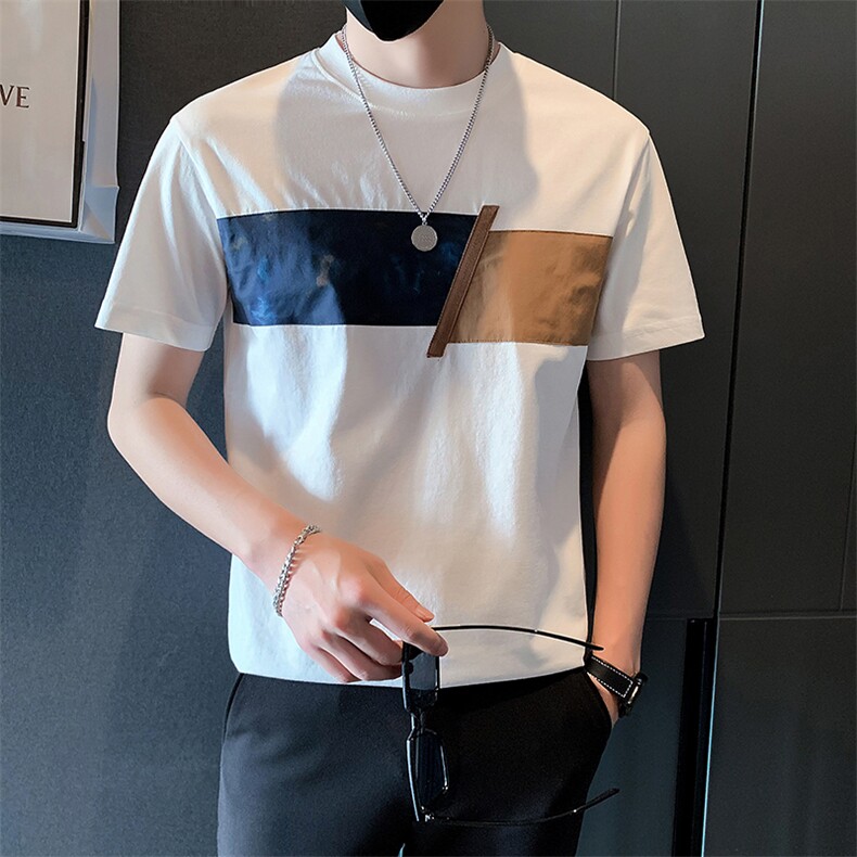 2025新款夏季T恤男短袖潮牌拼接男装半袖体恤A313-1-66397-P48,男装T恤,电商A313-1