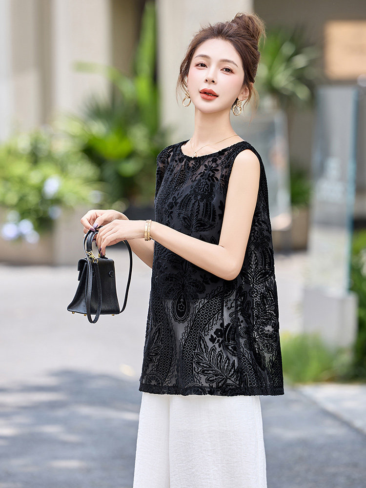 高级感丝绒提花无袖背心衬衫女2025夏新款设计感后背开叉衬衣上衣,女装套装/套裙,美沁
