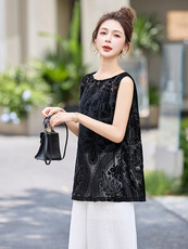高级感丝绒提花无袖背心衬衫女2025夏新款设计感后背开叉衬衣上衣，女装套装/套裙，美沁