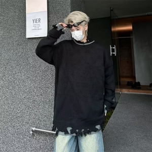 青少年长袖潮牌炸街针织衫男女bf风宽松拼接破洞毛衣M73600-p50图片