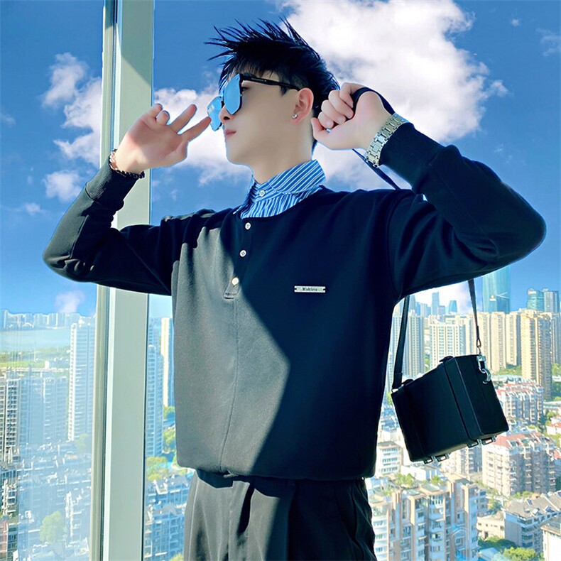 AW192/特P78控108春季社会小伙潮流高级感拼接假两件衬衫男黑首2图片