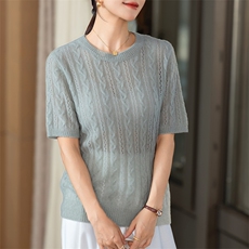 2025夏季新款桑蚕丝羊绒女气质提花镂空针织衫圆领薄款纯色短袖，女装羊绒衫，咔绒特