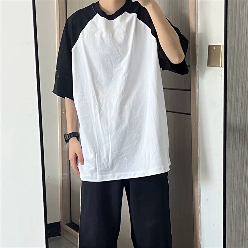 抖音得物高品质二开240克宽松纯棉美式潮牌插肩袖拼接短袖T恤图片
