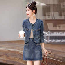 【春季现货】时尚牛仔套装女2025春外套半身裙复古时尚显瘦两件L，女装套装/套裙，意芙
