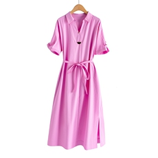 《现货》新款衬衫领个性装饰V领短袖细腰带连衣裙，女装连衣裙，海爱依仁