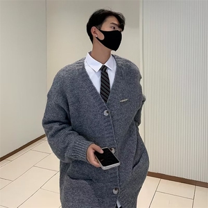 2025秋冬新款美式潮牌复古休闲灰色V领开衫毛衣男慵懒针织衫MY910图片
