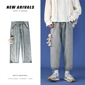 小熊牛仔裤男韩版潮流裤子阔腿宽松直筒潮牌百搭男长裤nzk91-p40，男装牛仔裤，星座1008-2