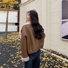 韩版时尚机车风皮毛一体外套女2025冬季新款显瘦加厚加绒棉服棉袄，女装短外套，纯色衣恋