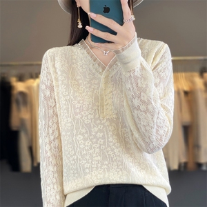 时尚V领蕾丝针织打底衫女新款优雅气质内搭提花长袖小衫百搭上衣图片