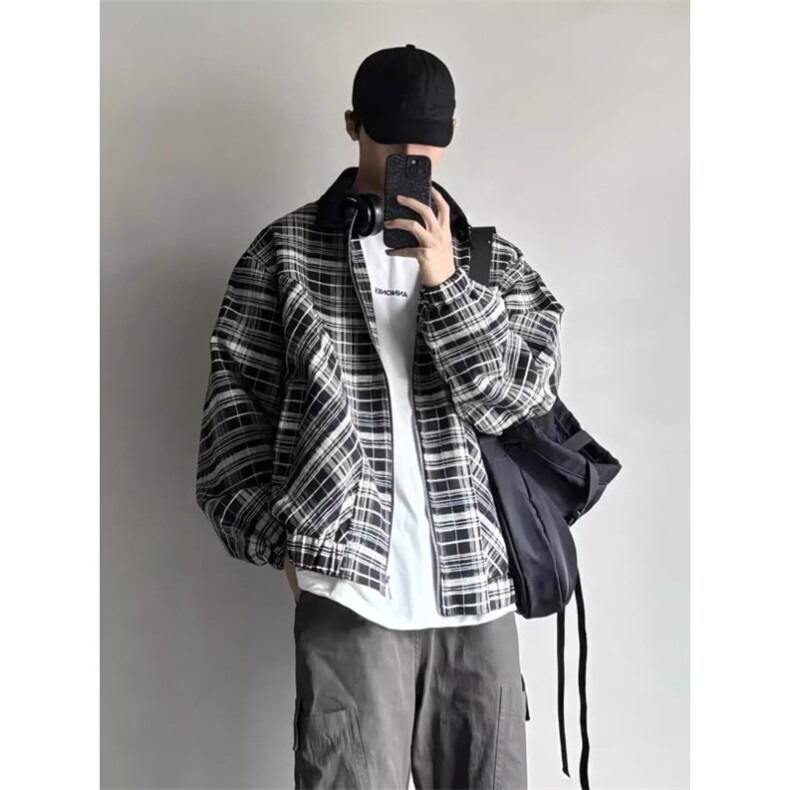 美式复古格纹小香风外套潮牌高级感cleanfit短款翻领夹克男飞行服,男装夹克,星座1210-1