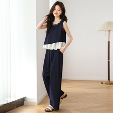 时尚松弛感穿搭背心套装女2025夏季新款拼接无袖上衣阔腿裤两件套，女装套装/套裙，婷思杰（原婷想服饰）