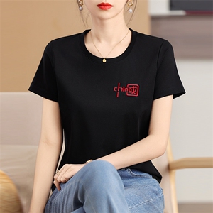 2025新款纯棉宽松双面丝光棉刺绣T恤女短袖纯色百搭图片