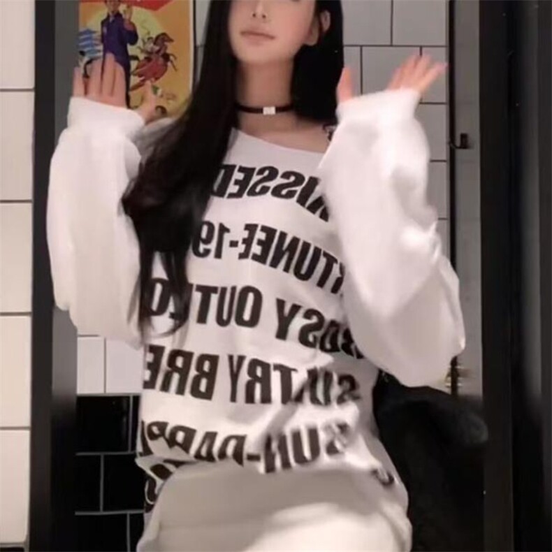 QC015-P45美式辣妹斜肩字母印花长袖T恤中长款休闲宽松慵懒上衣,男装T恤,星座617A-2