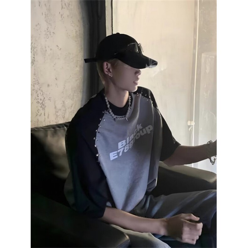 网络图现货！插肩袖重磅T恤铆钉拼色高街设计小领口短袖RT36-P48,男装T恤,星座1005-6
